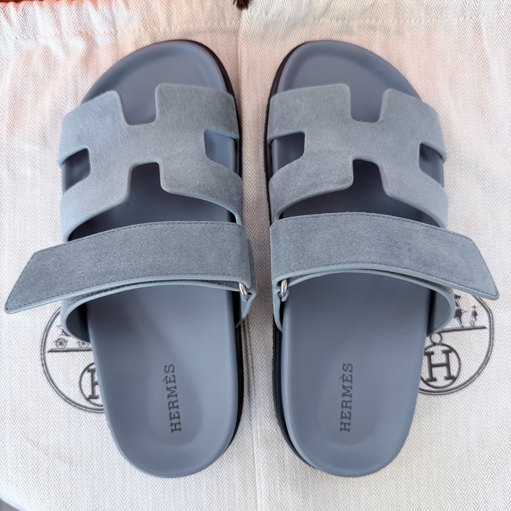 Hermes Chypre Techno Sandals Bleu Tonnerre Velvet Suede Goat Leather Size 35.5 - Picture 5 of 13